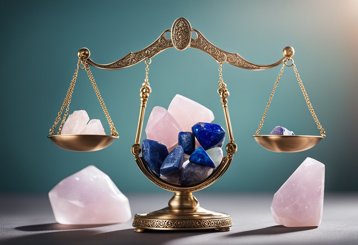 A balanced scale surrounded by rose quartz, lapis lazuli, and opal crystals